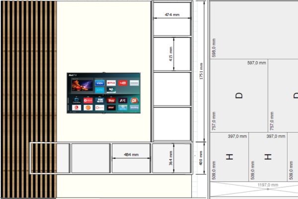 Living modern, comoda sub televizor si o coloana inalta, plus schita plan tehnic realizat de AXT 3D Design in Sketchup