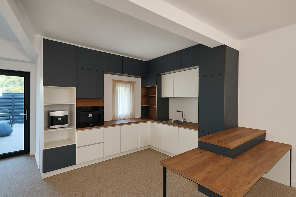 Randare 3D bucatarie moderna cu insula, proiect realizat in SketchUp de AXT 3D Design.